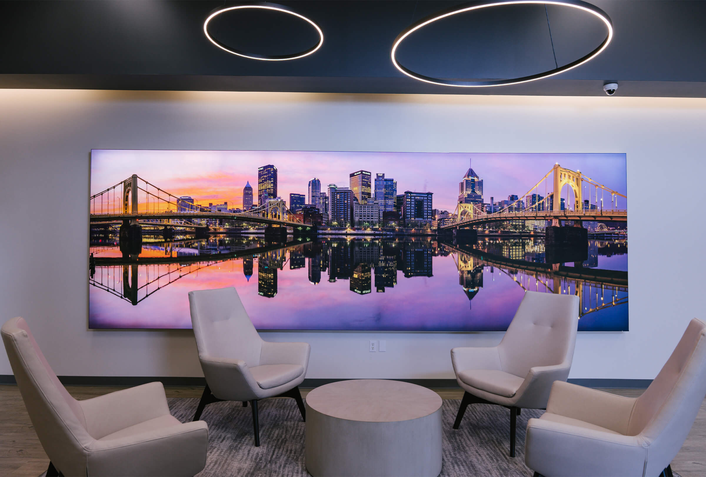 large wall graphic of cityscape