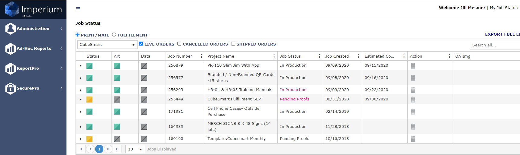 Imperium dashboard showing job status, order tracking, and real-time visibility into pharmaceutical printing and fulfillment workflows